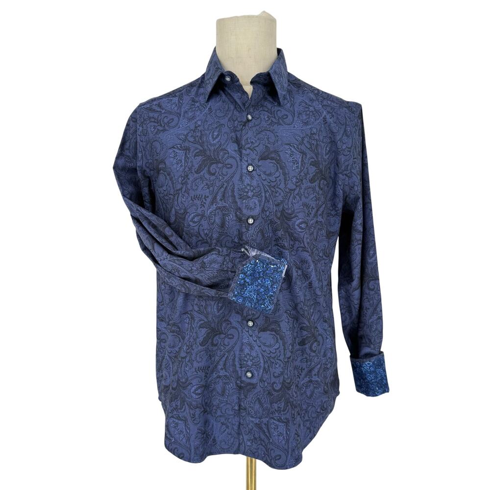 Robert Graham Woven Button Front Long Sleeve Shirt Andretti Dark Purple Blue M